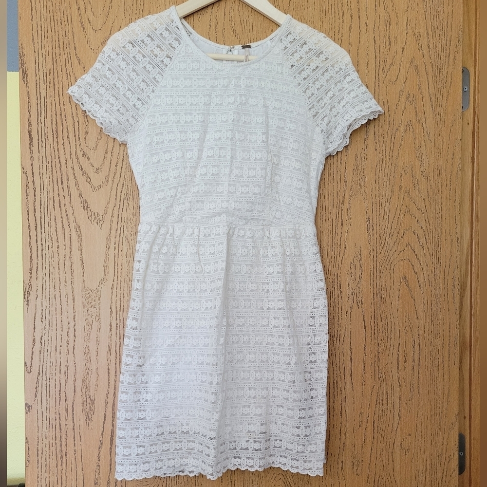 Free People off white candy lace short sleeve small scalloped hem mini dress 4